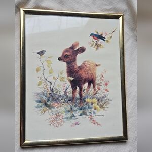 Vintage Giordano Deer and Birds Framed Art